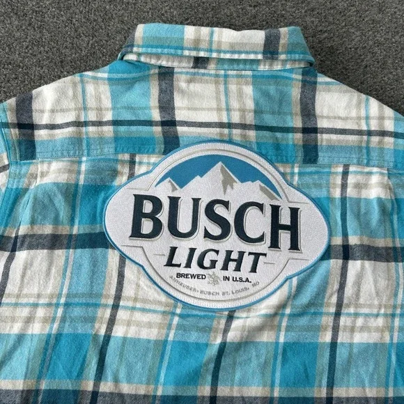 Busch Light Shirt Mens Medium Blue Plaid Flannel Angry Minnow Vintage Beer Logo - Picture 10 of 12